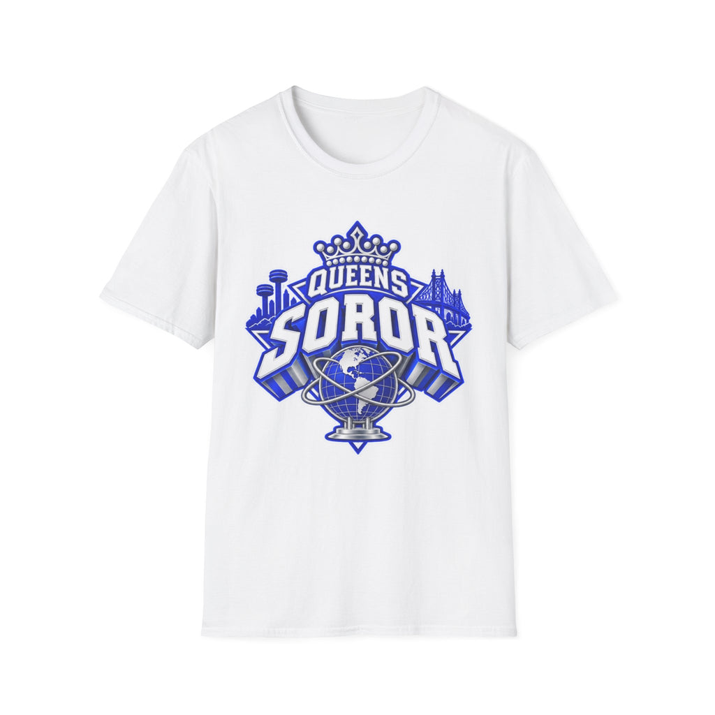 Queens Soror T-Shirt — Blue and White Crown & City Skyline Greek Life Tee
