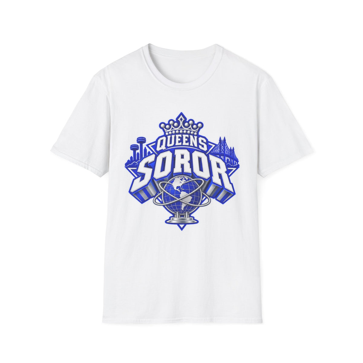 Queens Soror T-Shirt — Blue and White Crown & City Skyline Greek Life Tee