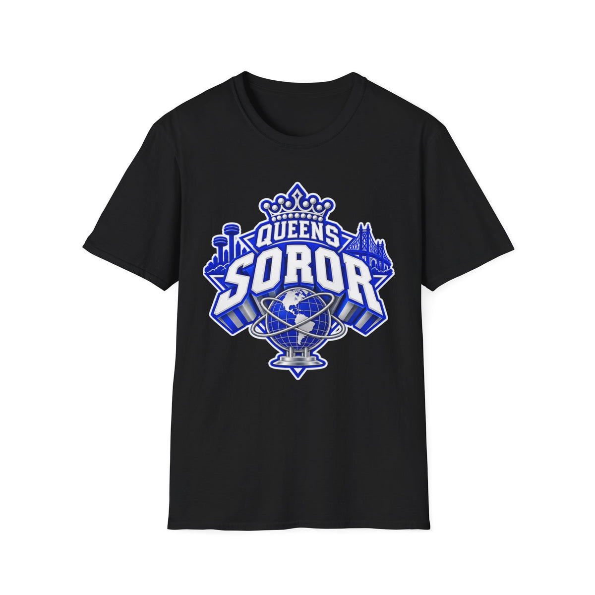 Queens Soror T-Shirt — Blue and White Crown & City Skyline Greek Life Tee
