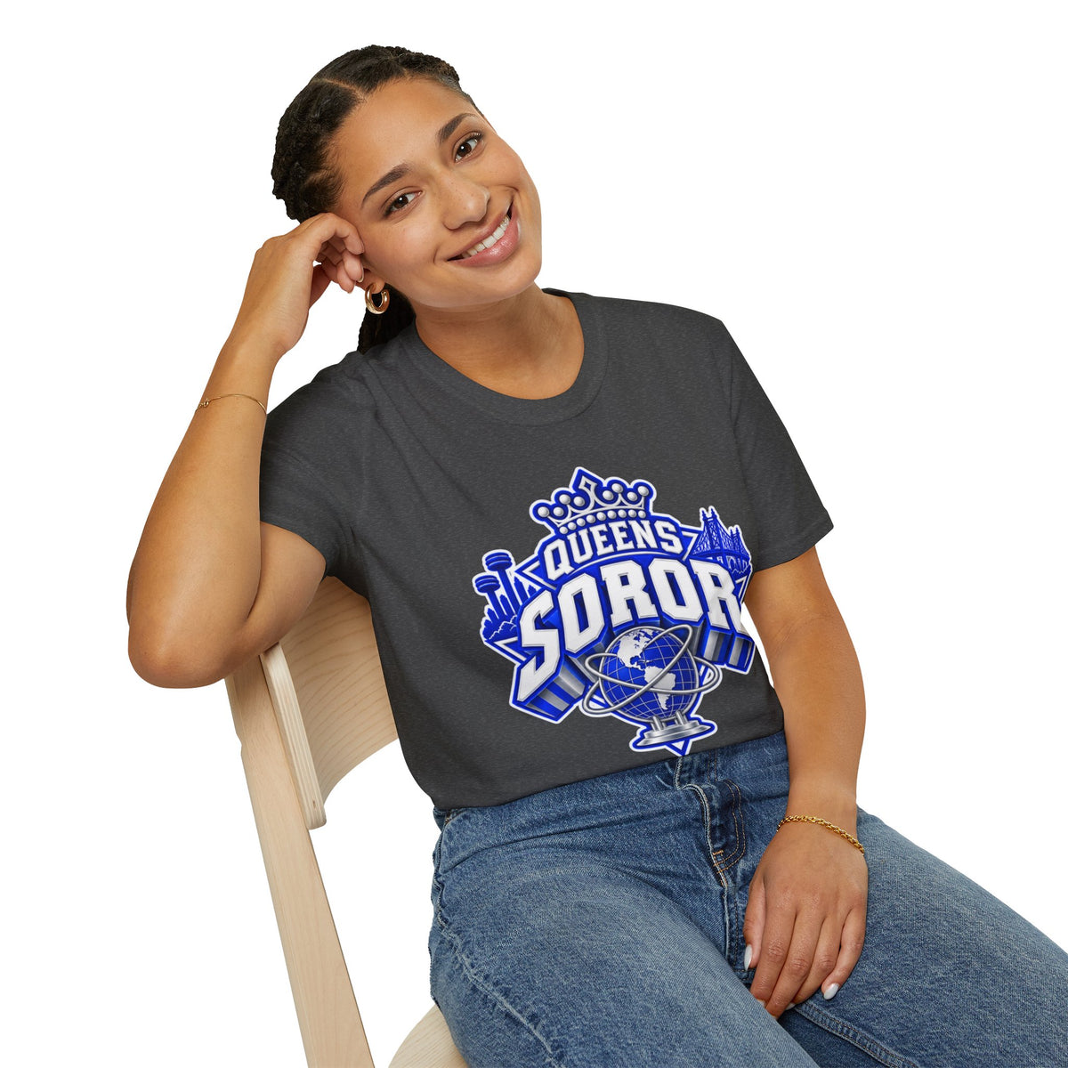 Queens Soror T-Shirt — Blue and White Crown & City Skyline Greek Life Tee