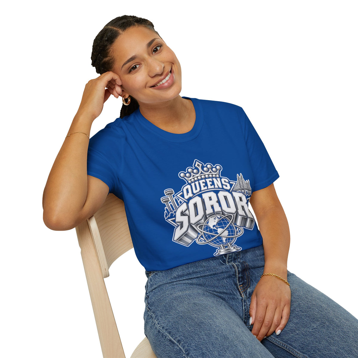 Queens Soror T-Shirt — Blue and White Crown & City Skyline Greek Life Tee