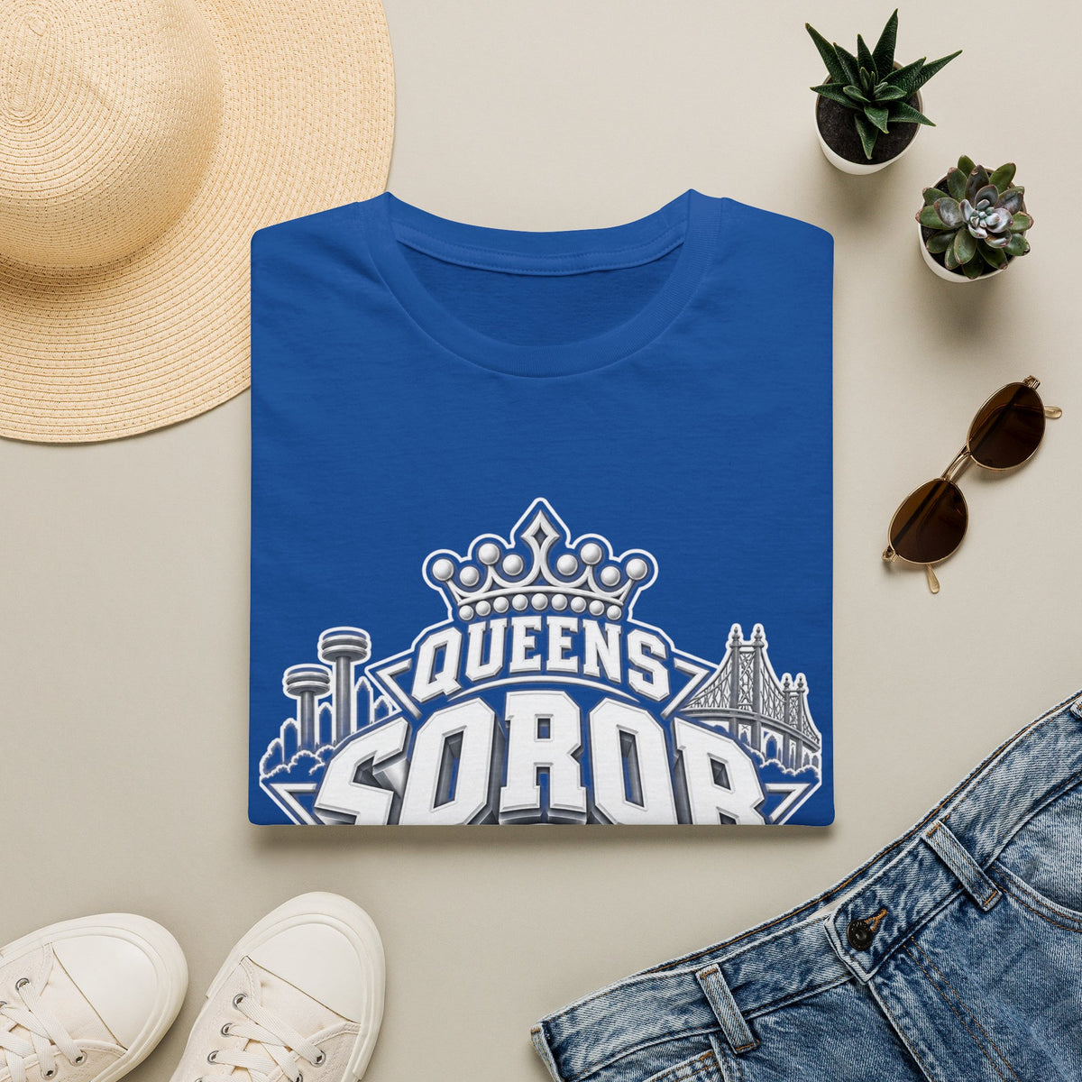 Queens Soror T-Shirt — Blue and White Crown & City Skyline Greek Life Tee