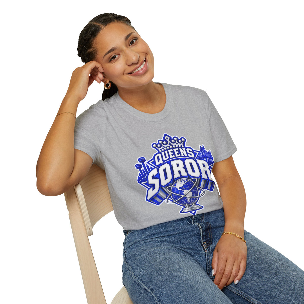 Queens Soror T-Shirt — Blue and White Crown & City Skyline Greek Life Tee