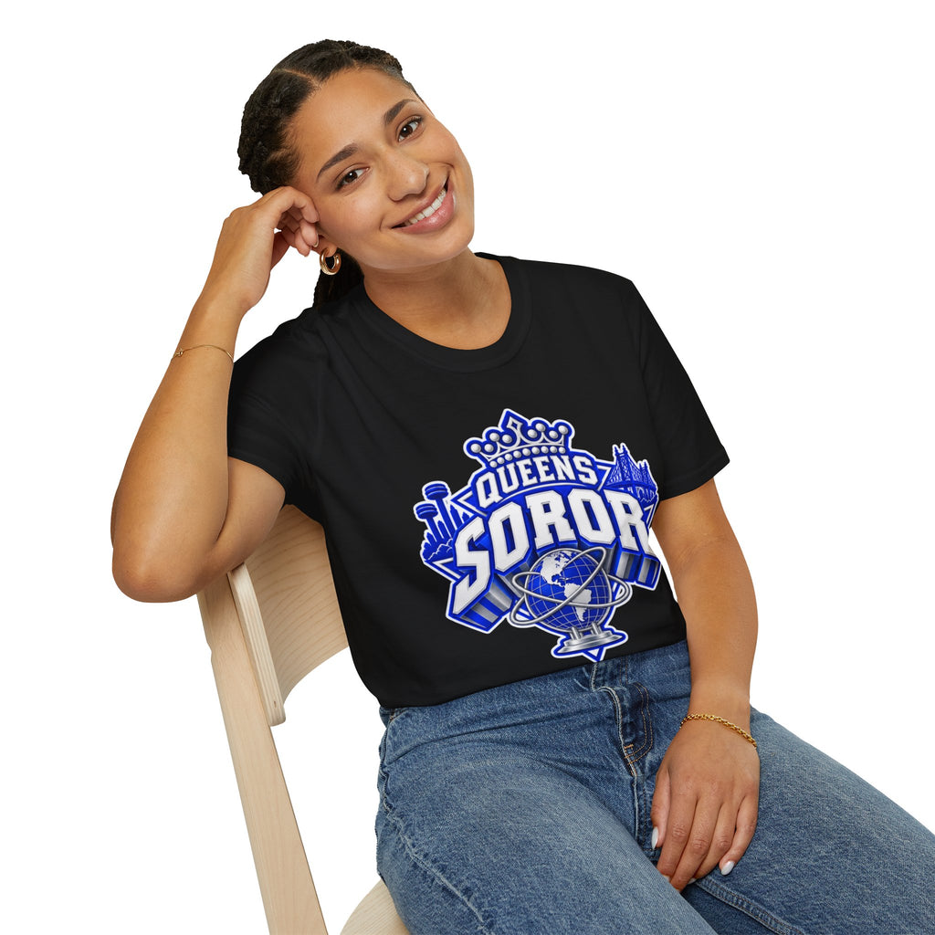 Queens Soror T-Shirt — Blue and White Crown & City Skyline Greek Life Tee