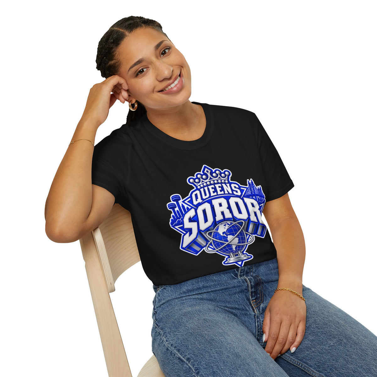 Queens Soror T-Shirt — Blue and White Crown & City Skyline Greek Life Tee