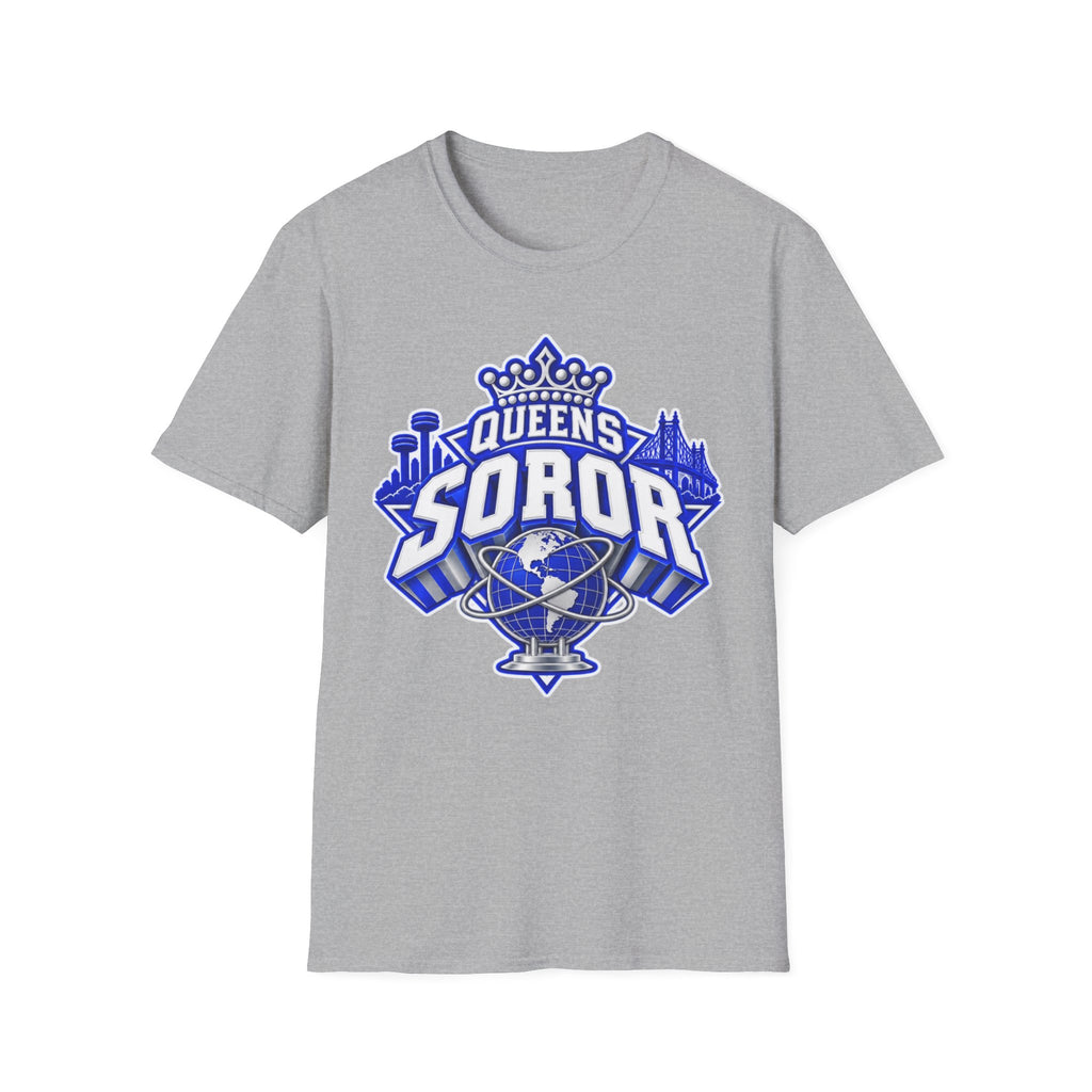 Queens Soror T-Shirt — Blue and White Crown & City Skyline Greek Life Tee
