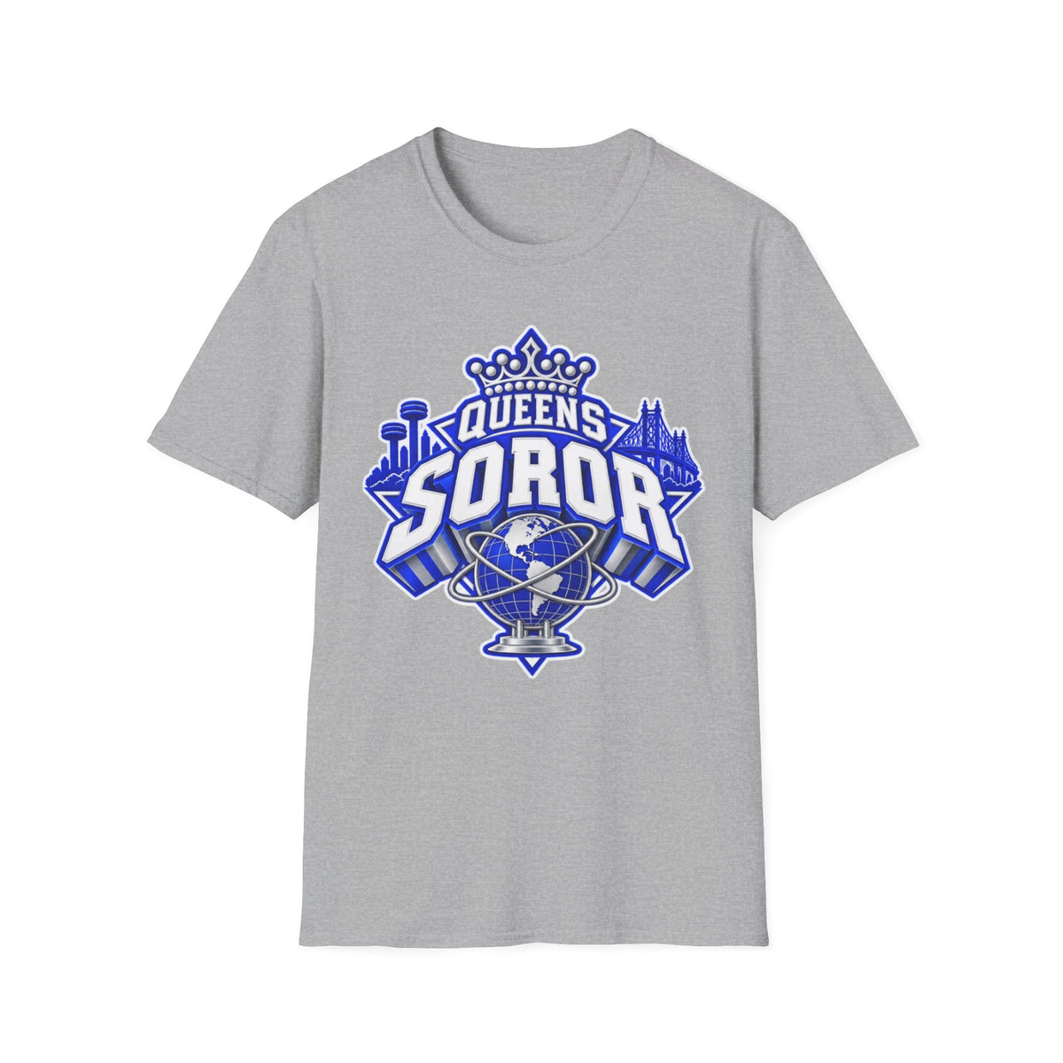 Queens Soror T-Shirt — Blue and White Crown & City Skyline Greek Life Tee