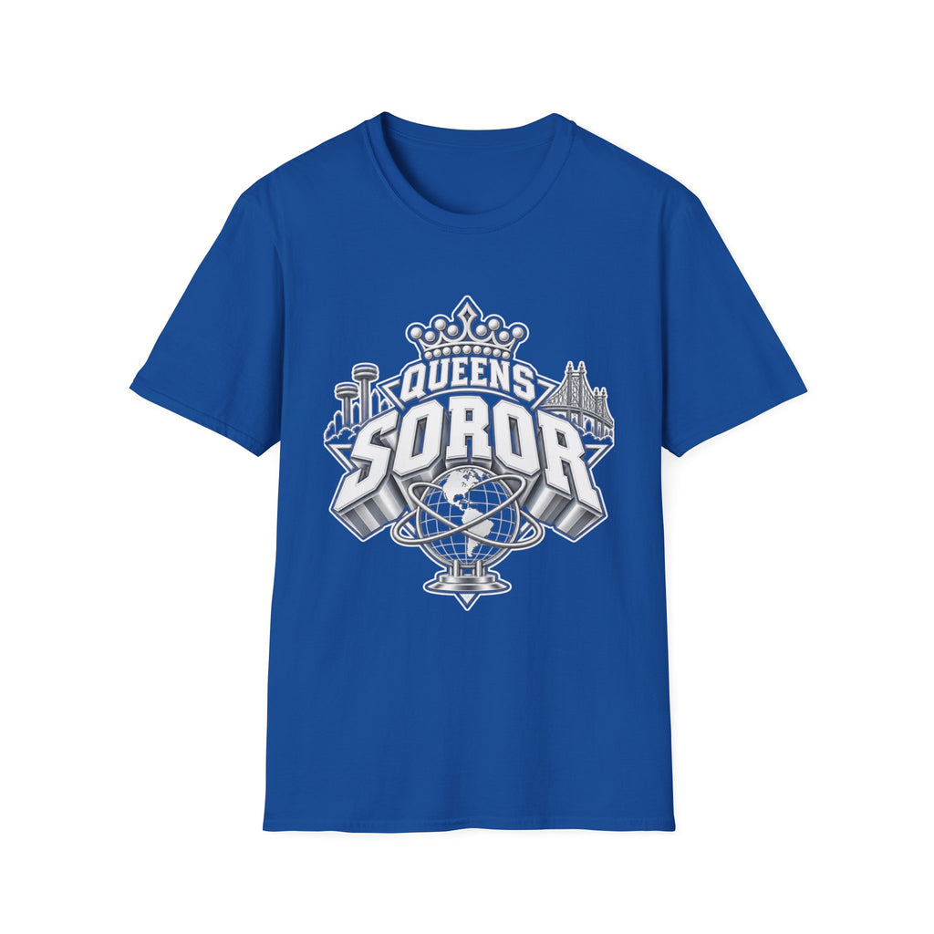 Queens Soror T-Shirt — Blue and White Crown & City Skyline Greek Life Tee