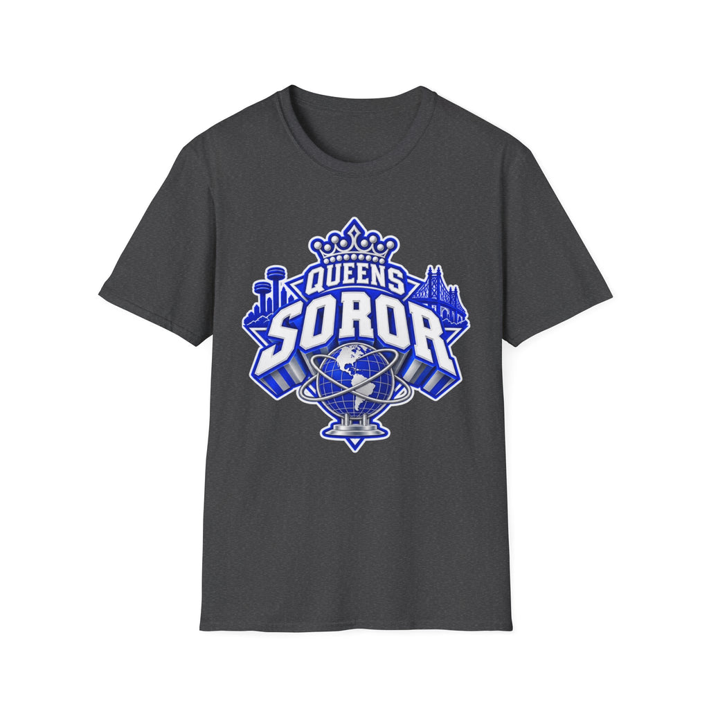 Queens Soror T-Shirt — Blue and White Crown & City Skyline Greek Life Tee