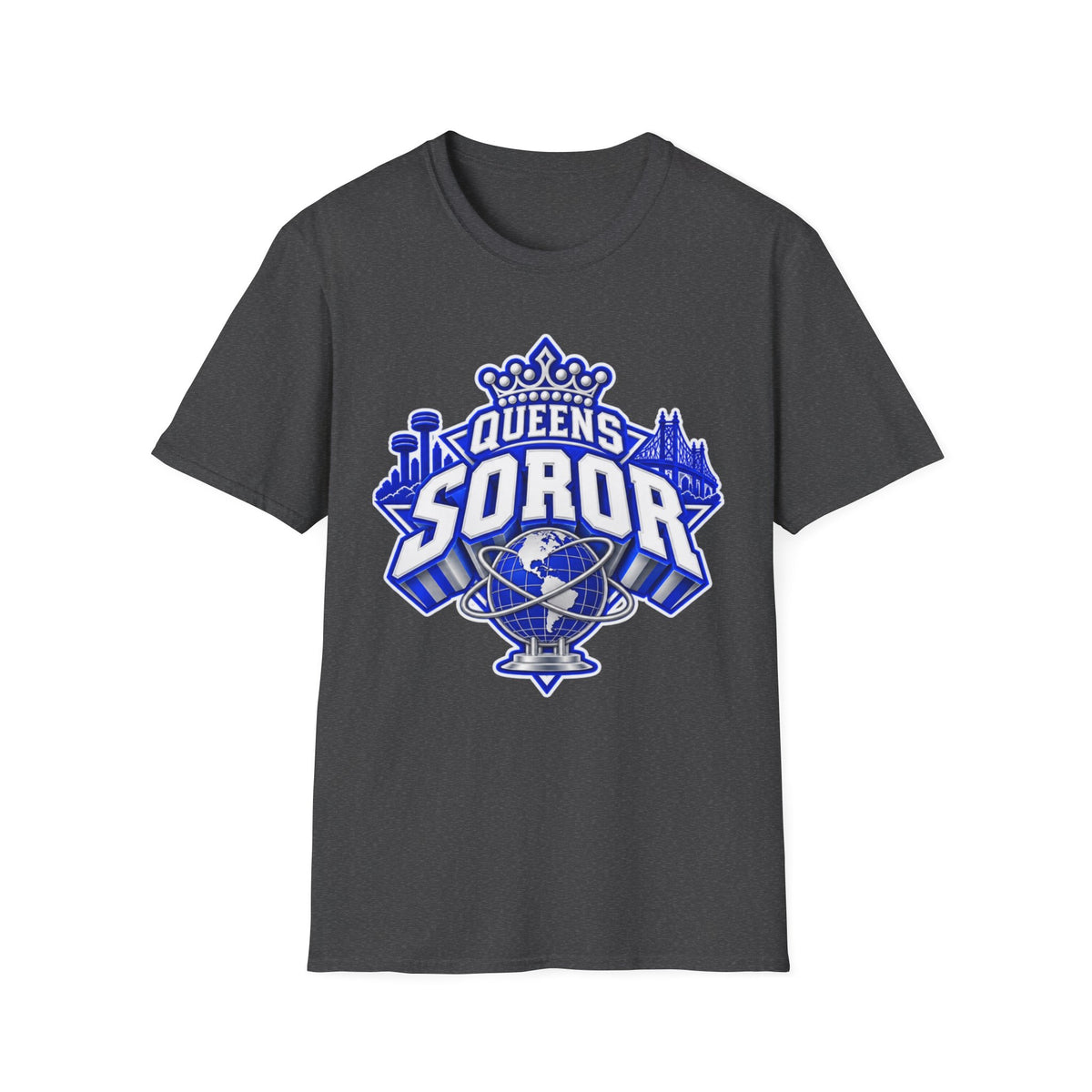 Queens Soror T-Shirt — Blue and White Crown & City Skyline Greek Life Tee